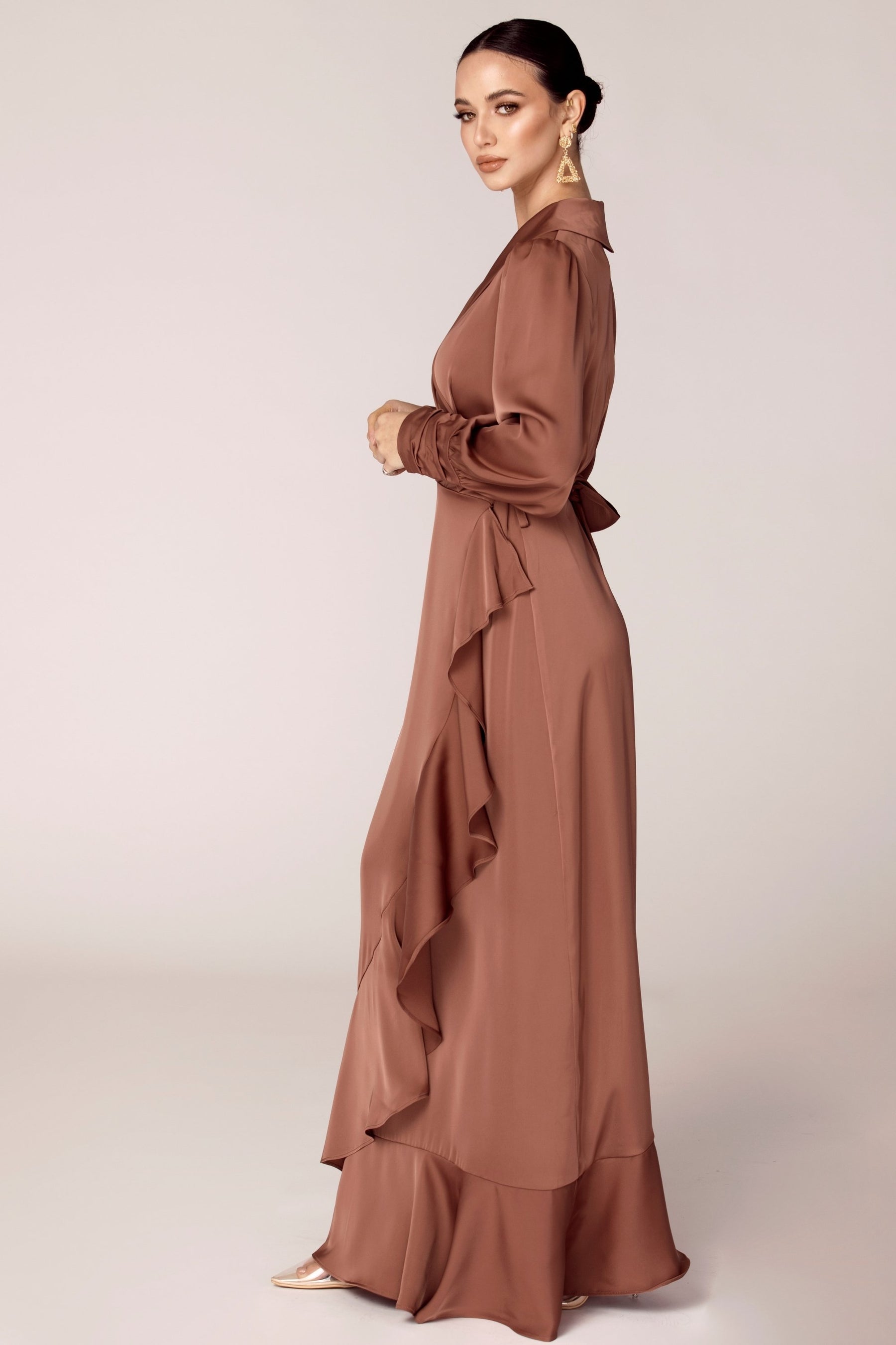 Shereen Wrap Front Satin Maxi Dress - Pecan